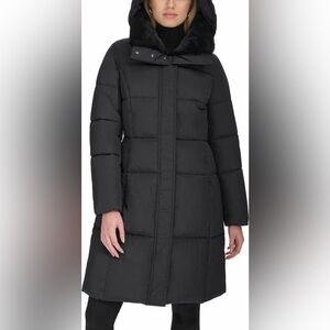 NWT Cole Haan Black Quilted Long Puffer Coat Faux Fur Collar Removable Hood